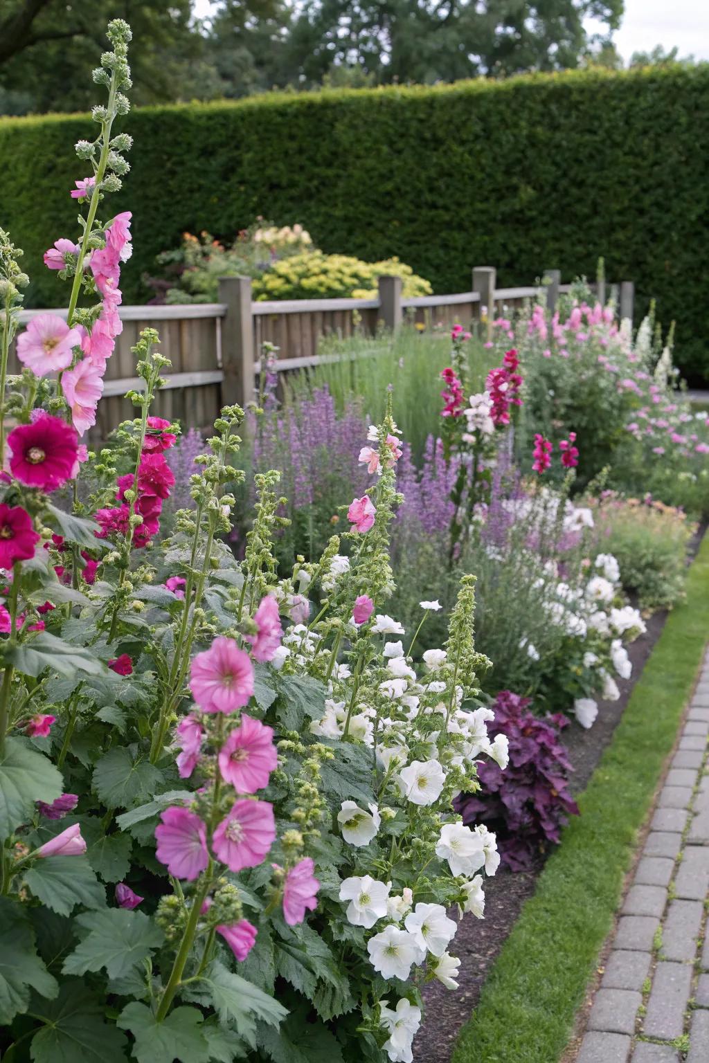 A diverse flower bed featuring hollyhocks for added height.