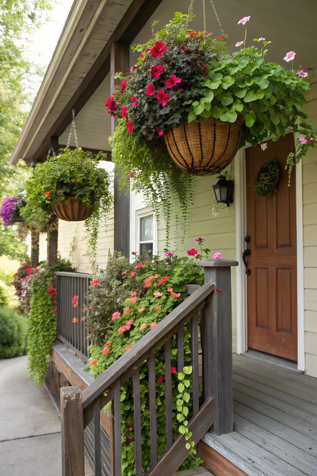 Hanging baskets provide height and visual interest.