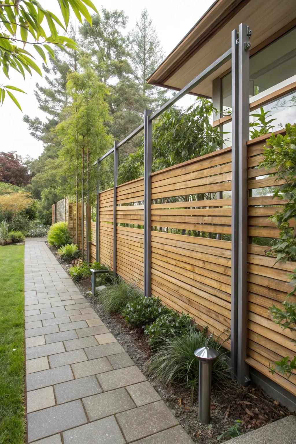 A unique fence mixing natural bamboo with sleek metal.