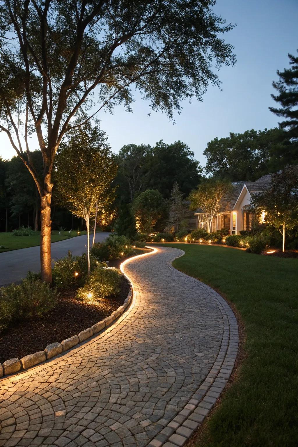 Enchanting night view of a well-lit horseshoe driveway.