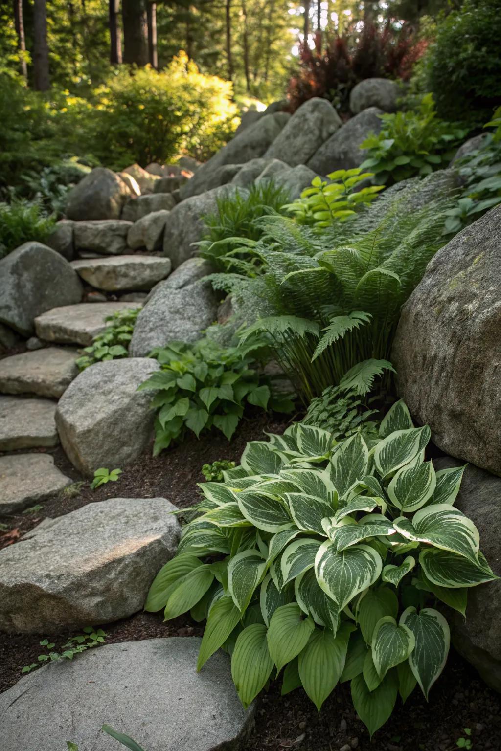 Hostas and ferns integrated into a rustic rock garden.