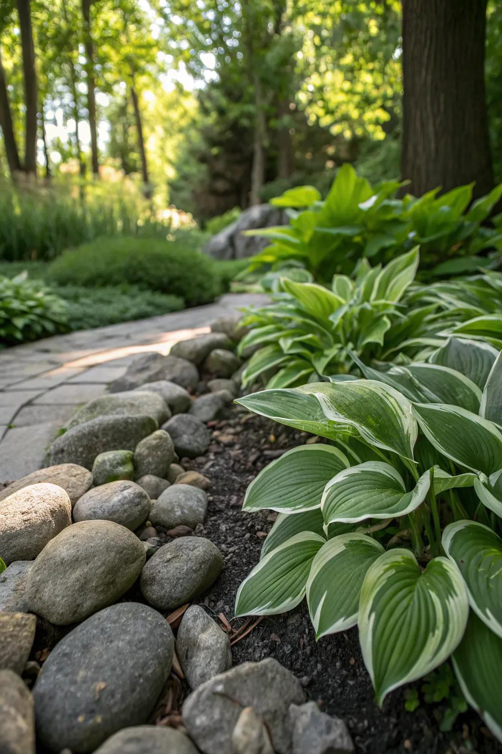 Natural stones complement hostas for a woodland-inspired border.