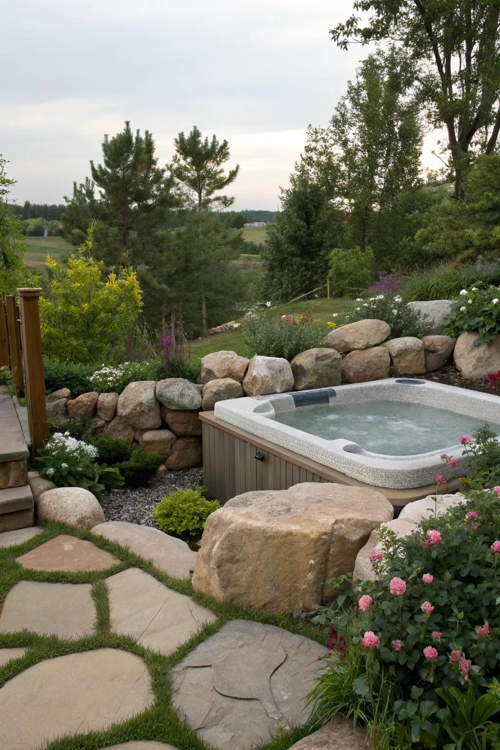 Natural stones integrate your hot tub into the landscape beautifully.