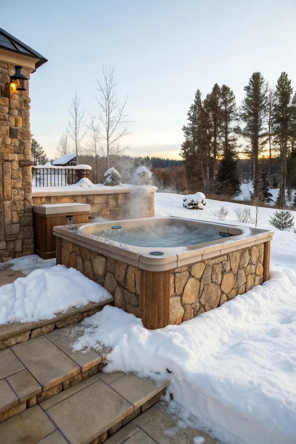 A hot tub elegantly enclosed by stone walls.