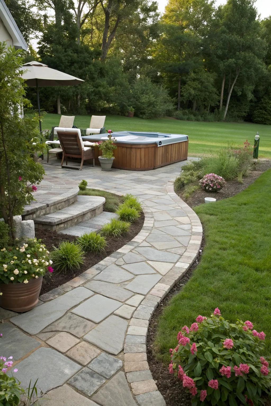 Stone pathways guide the way to your hot tub, adding charm and structure.