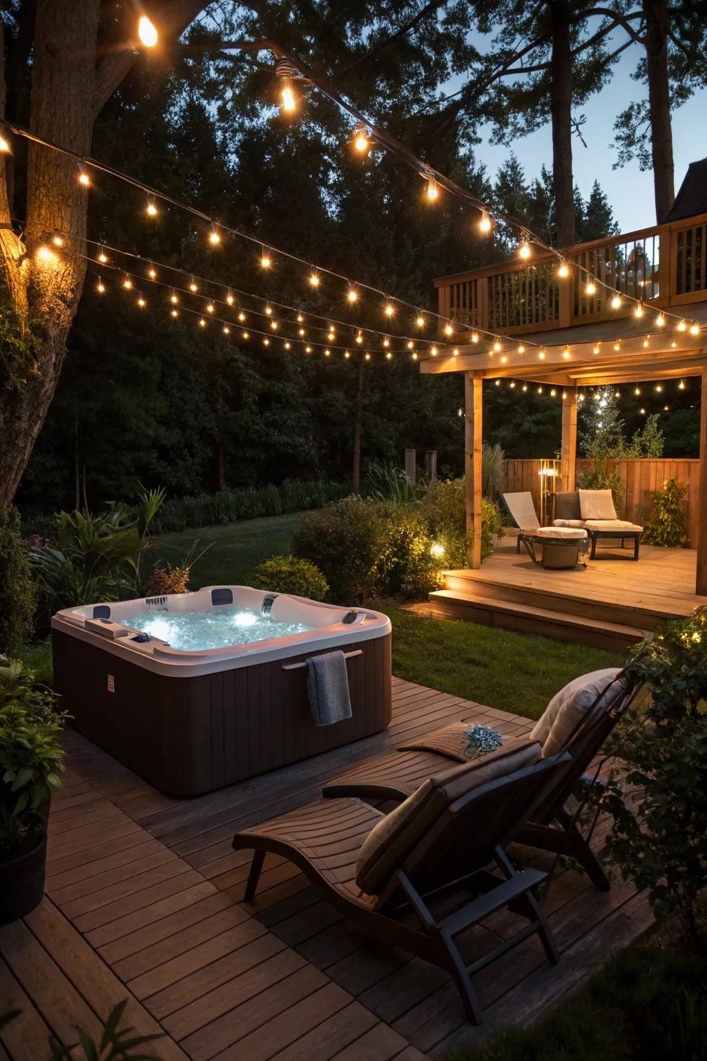 Ambient lighting enhances the mood and privacy of your hot tub area.