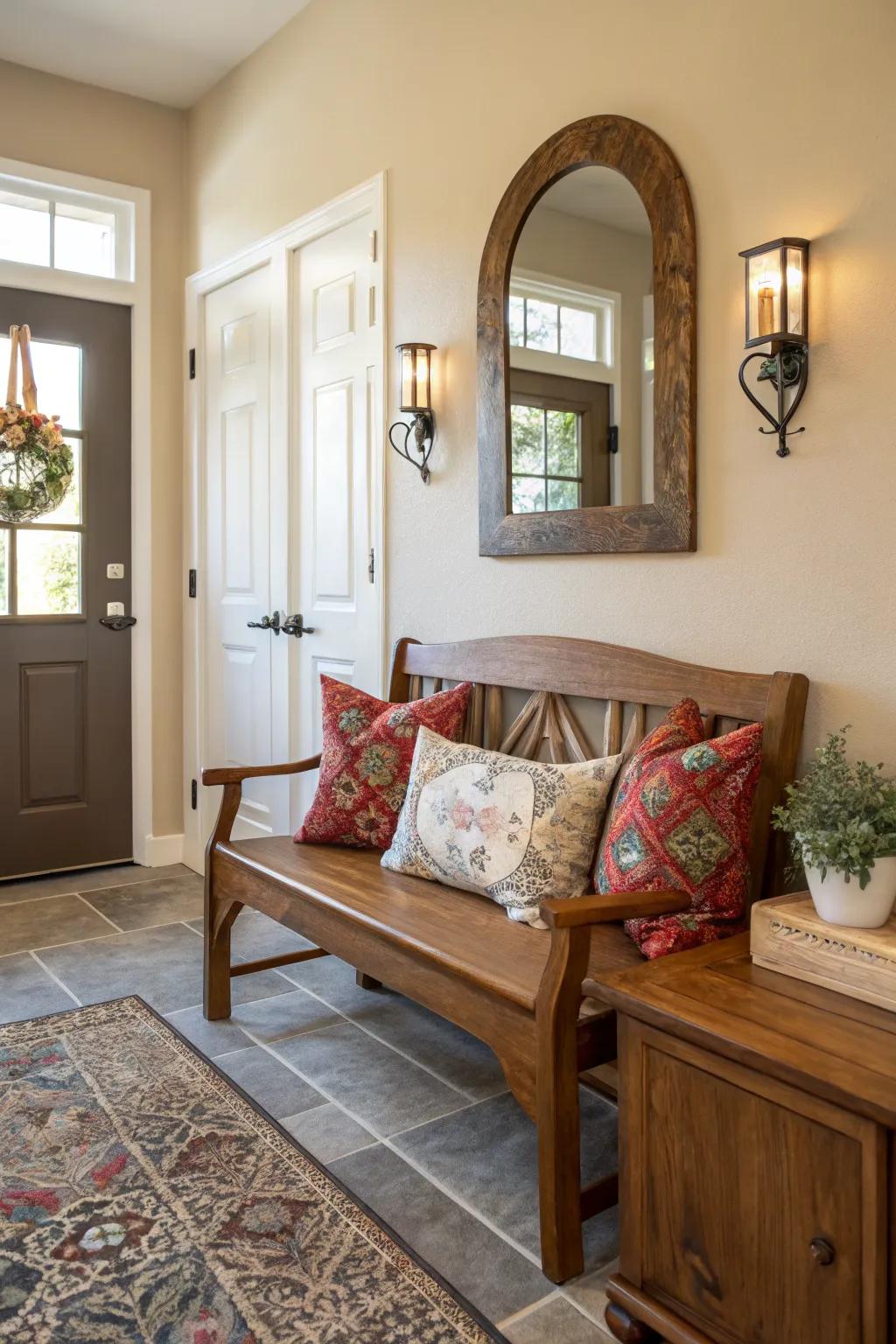 A wooden bench with pillows offers style and functionality in the entryway.