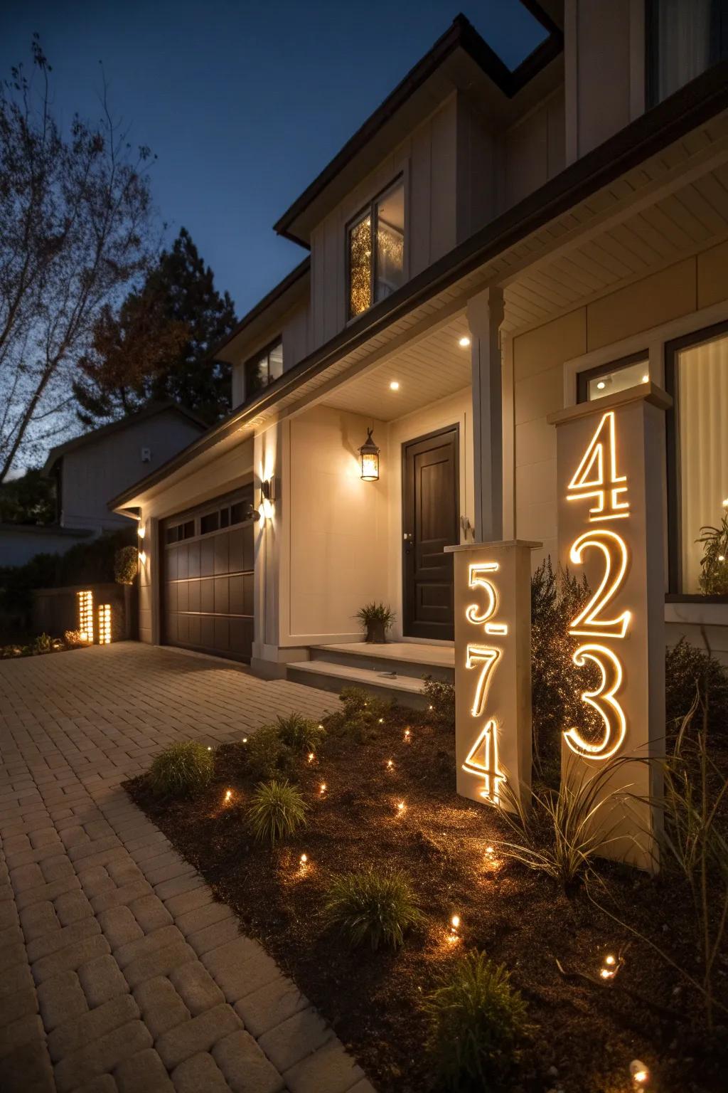 Illuminated house numbers ensure visibility and elegance.