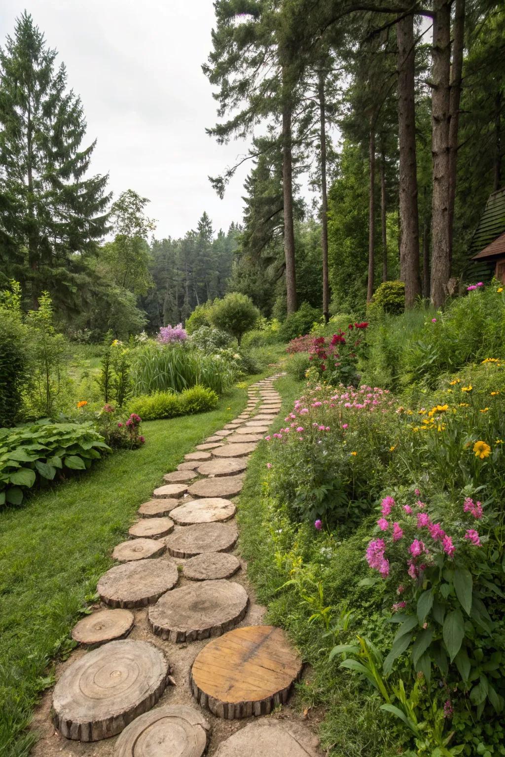 Wood slices create a rustic and eco-friendly pathway in a garden setting.