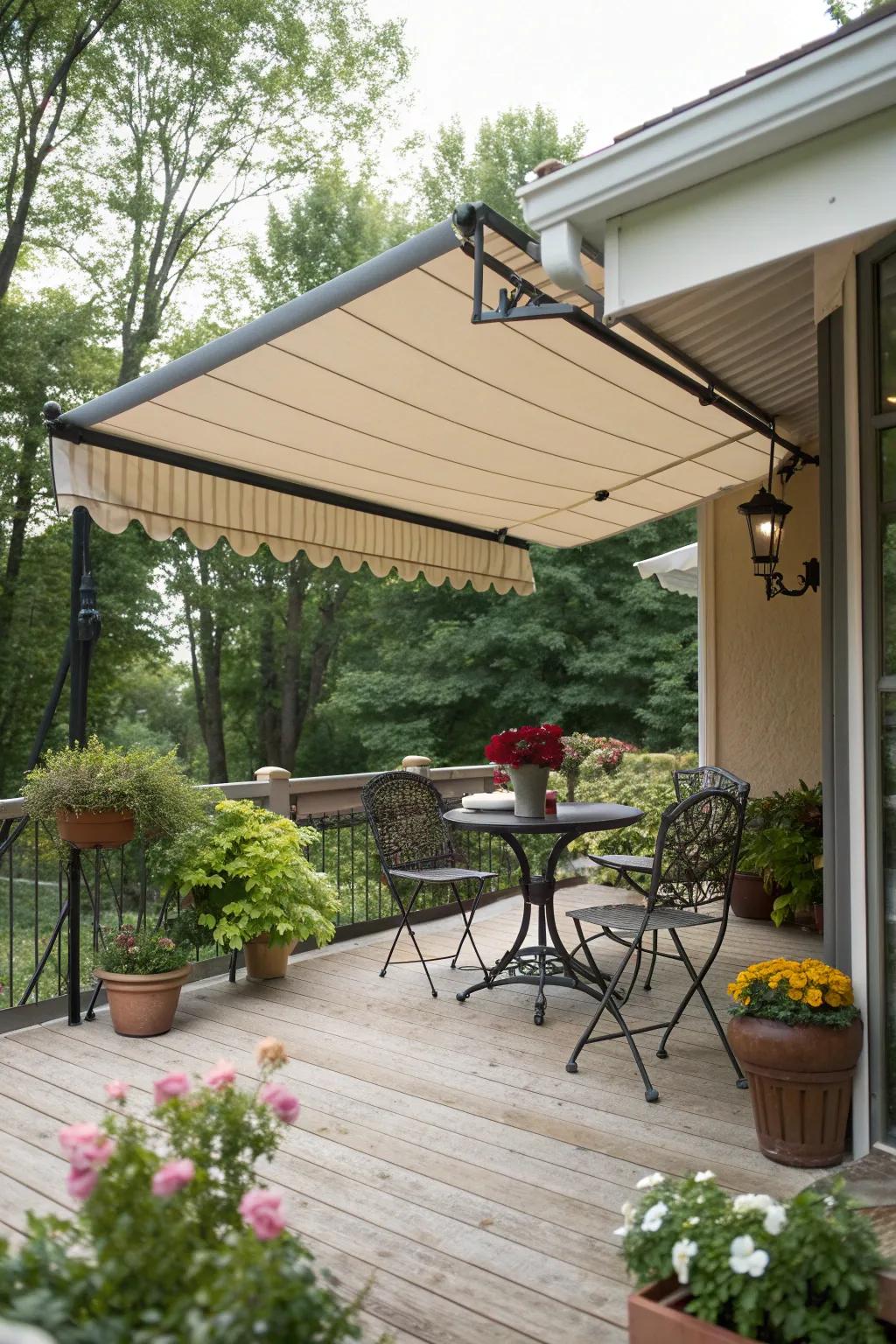 A retractable awning offering shaded comfort on a sunny patio.