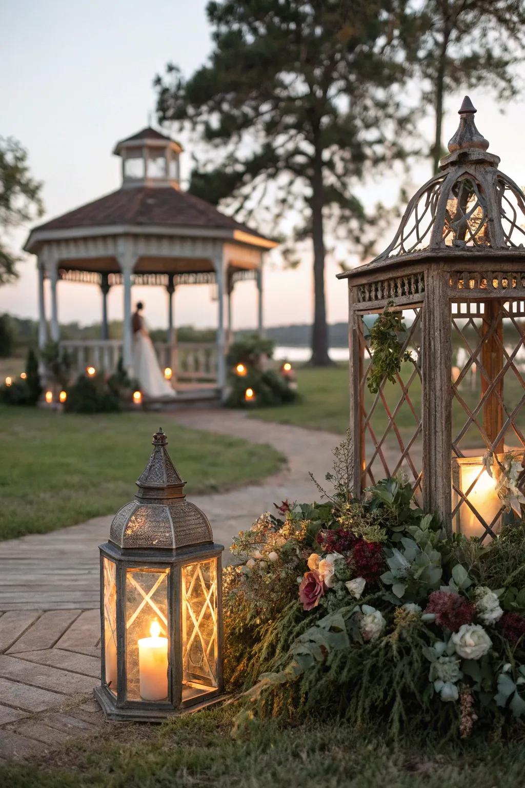 Rustic lanterns adding a vintage glow to the gazebo.