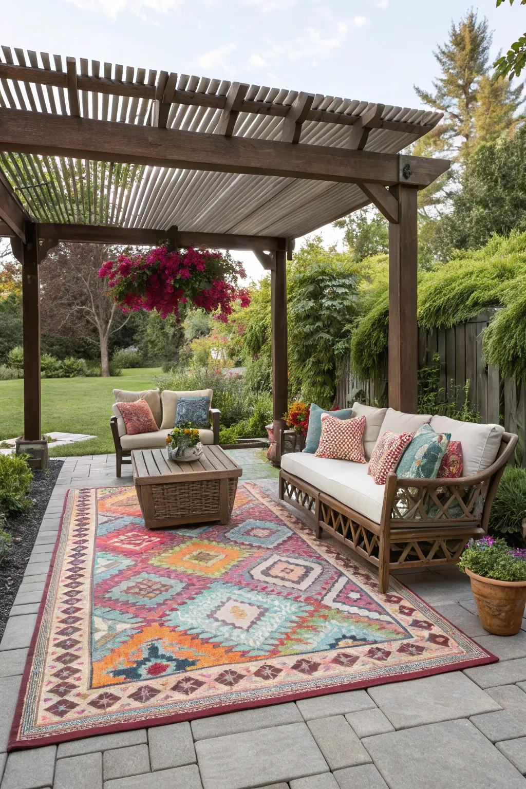 An outdoor rug enhances your pergola's style.