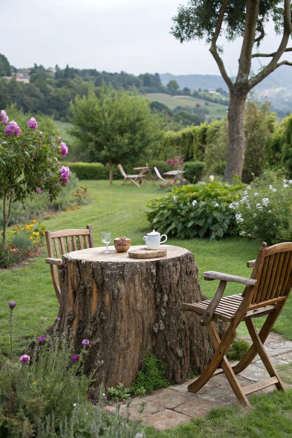 Enjoy outdoor dining with a tree stump table.