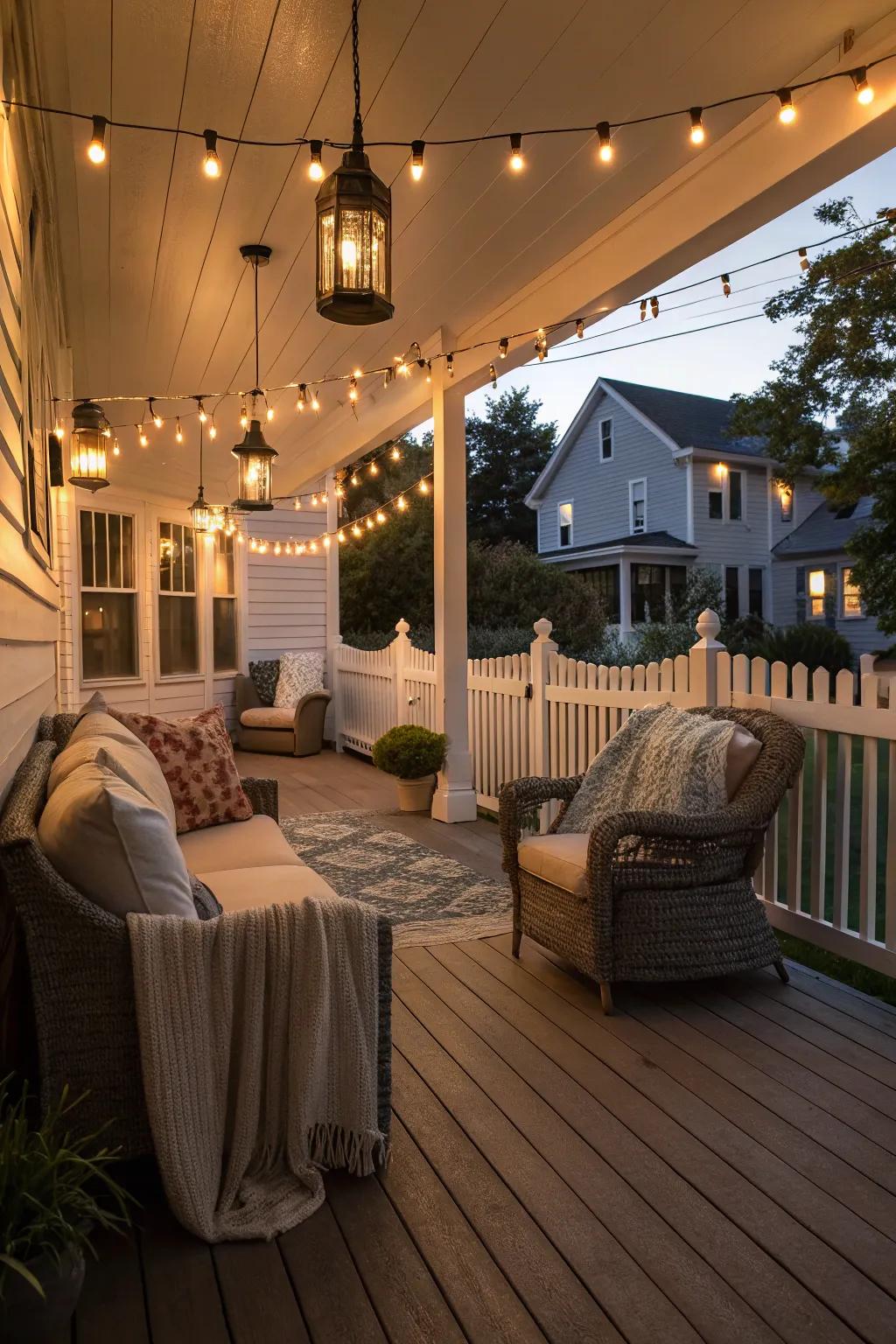 A warmly lit front porch with lanterns and string lights.