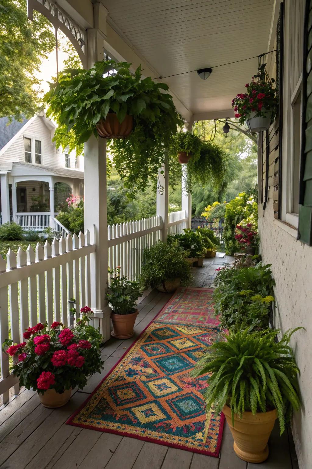 A porch adorned with lush plants and a vibrant rug.