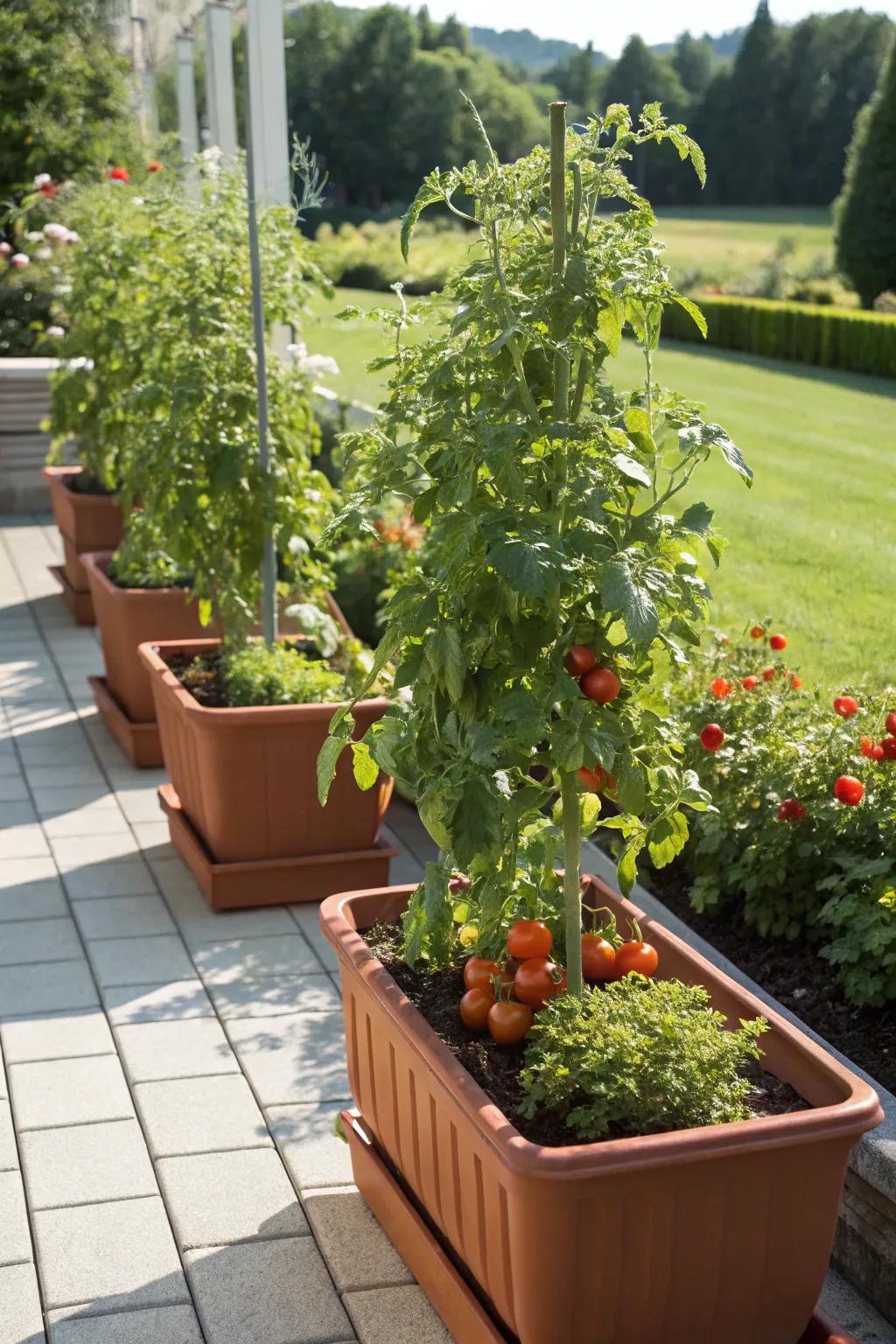 Self-watering pots help maintain consistent moisture levels for potted tomatoes.