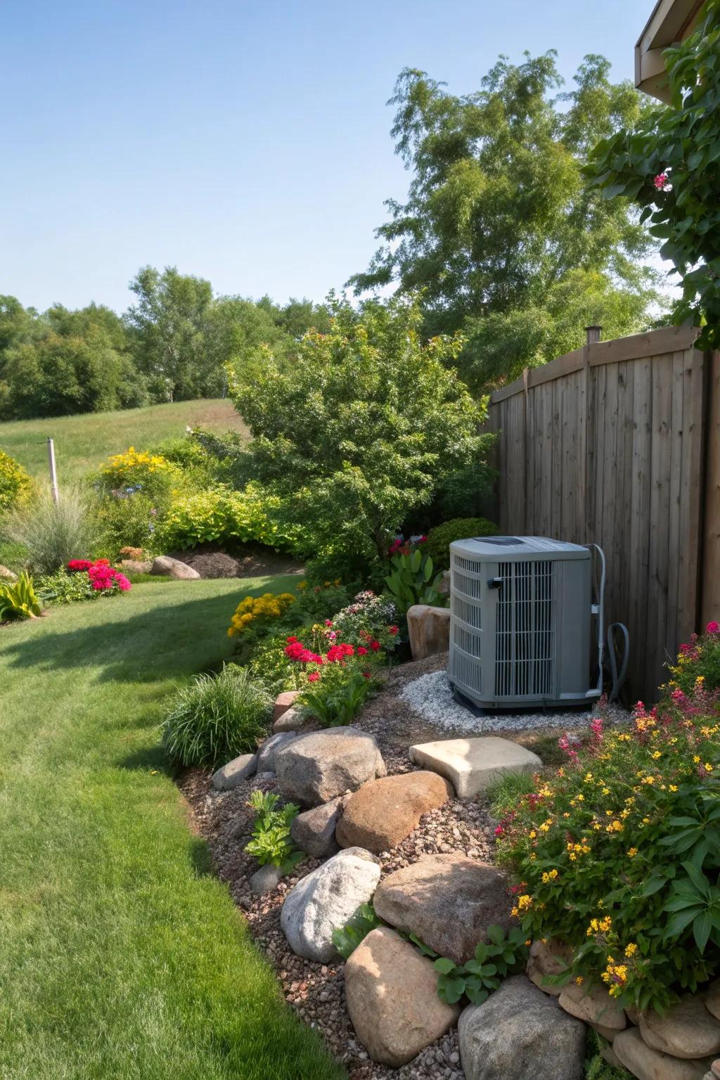 Natural elements can cleverly disguise your AC unit while enhancing the garden.