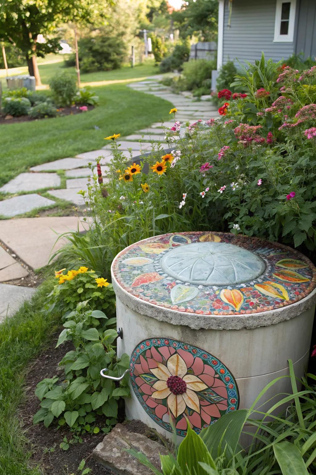 Mosaic lid covers offer a creative way to personalize and hide septic tank risers.