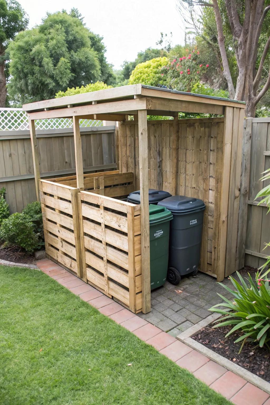 DIY pallet enclosures add rustic charm to trash can concealment.
