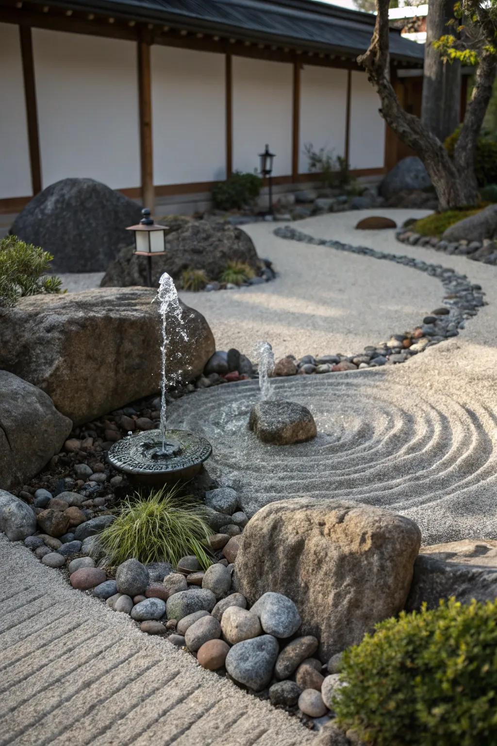 A small water fountain adds a soothing sound to the rock garden.