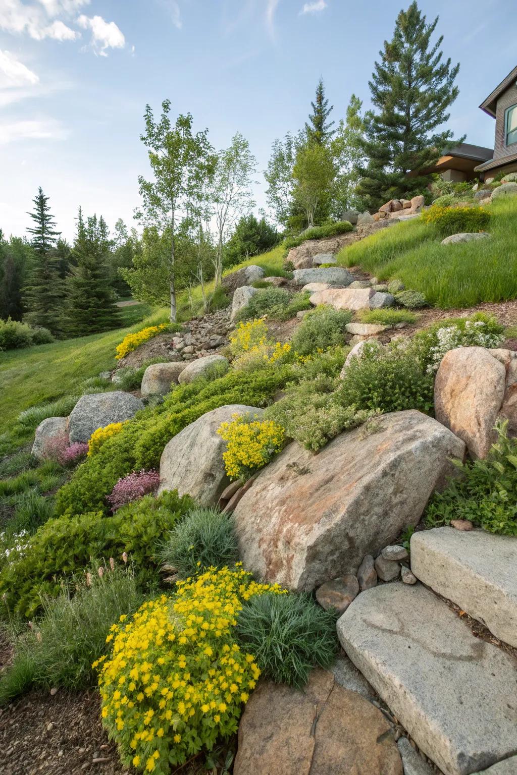 A sloped yard enhanced with a rock garden, combining large stones and alpine plants.