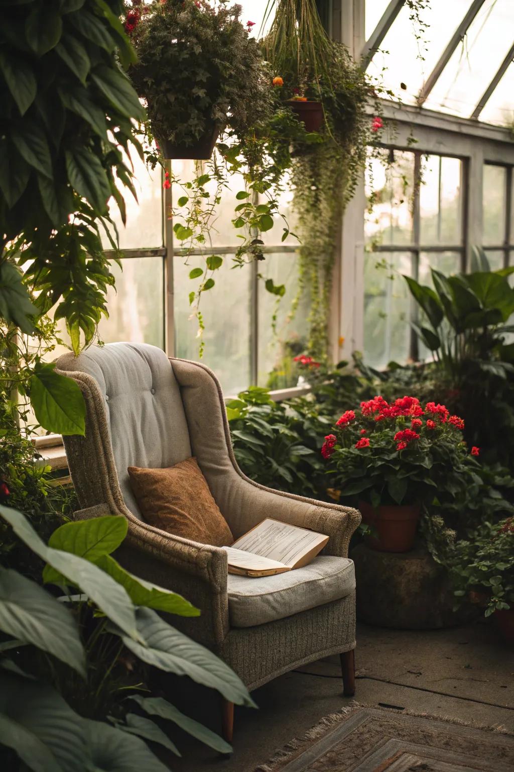 A cozy reading nook offers a warm escape in a winter greenhouse.