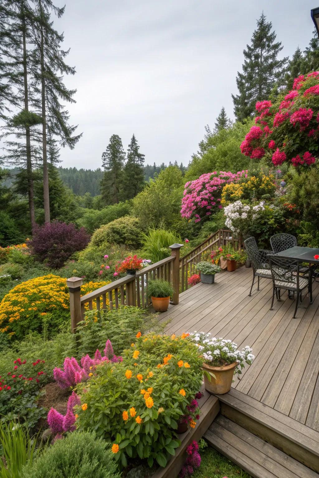 A harmonious blend of deck and lush landscaping.