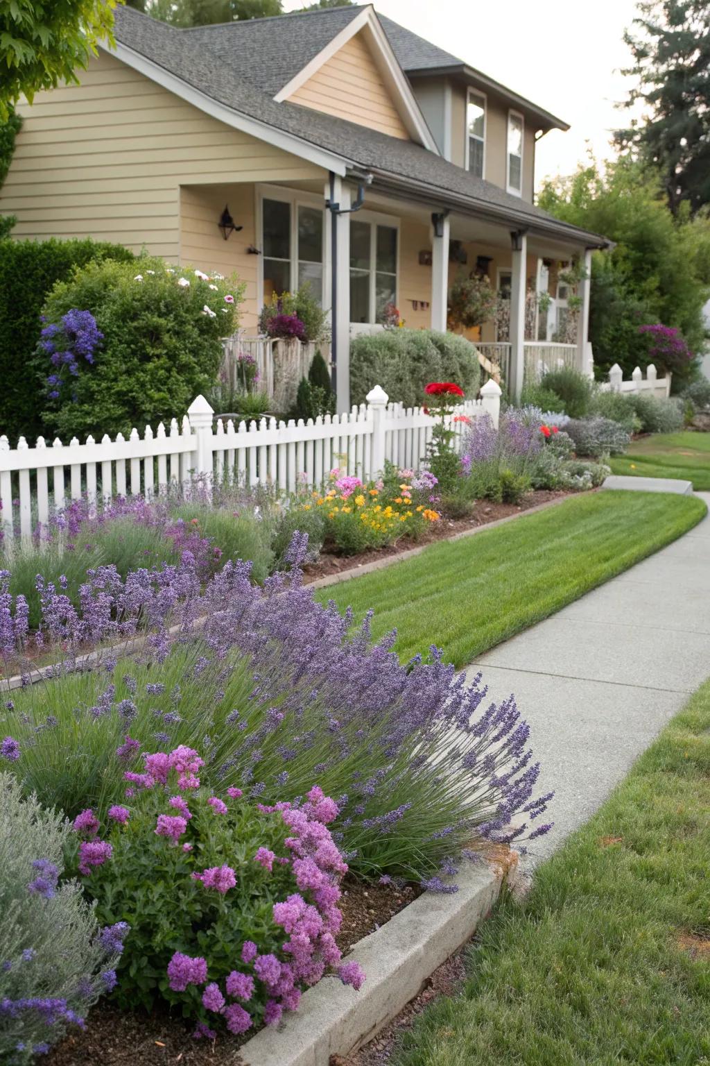 Lavender lining a front yard, adding fragrance and charm.