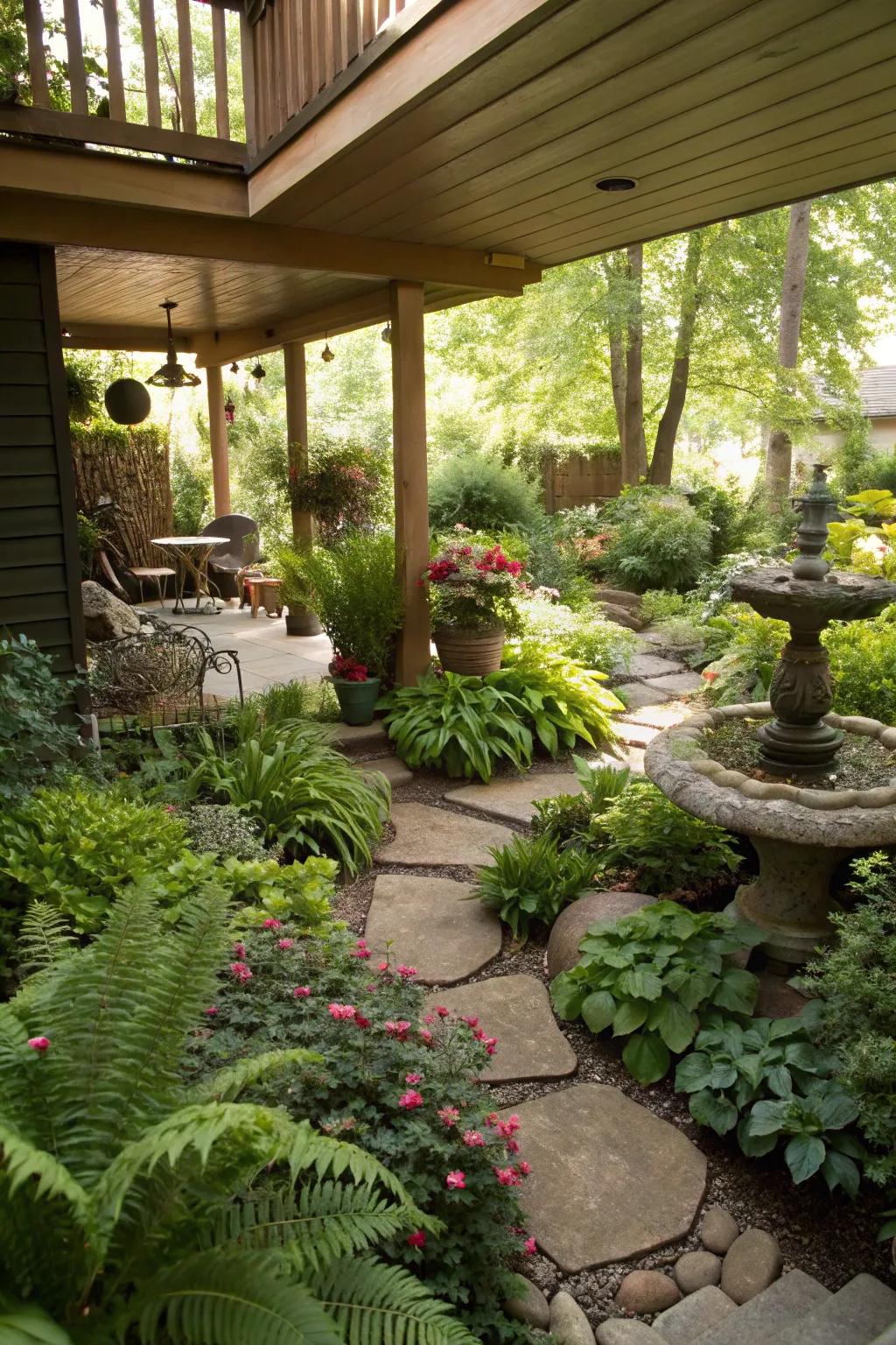 Create a serene escape with a lush garden under your deck.