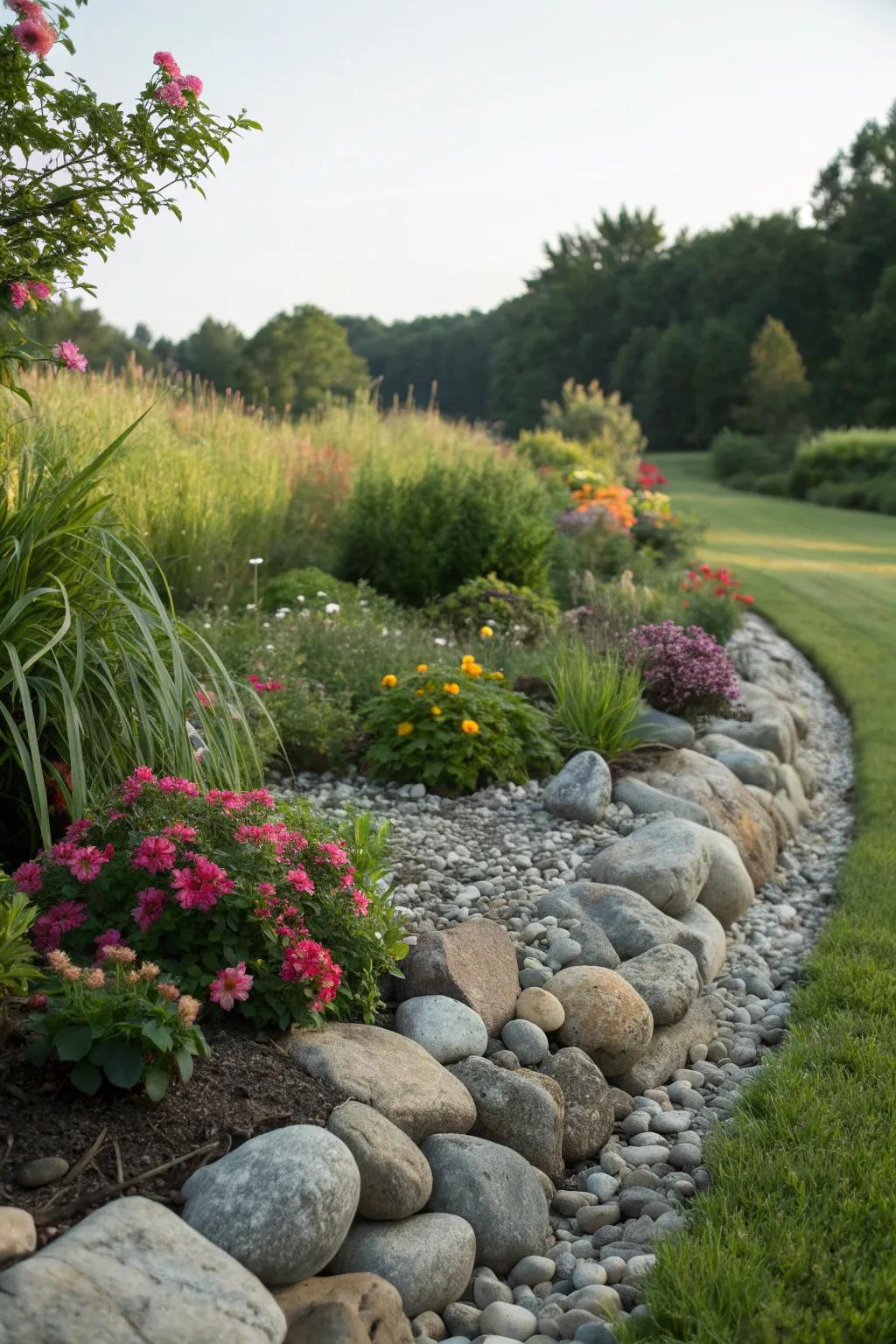 River rock borders bring an organic, natural feel to garden beds.