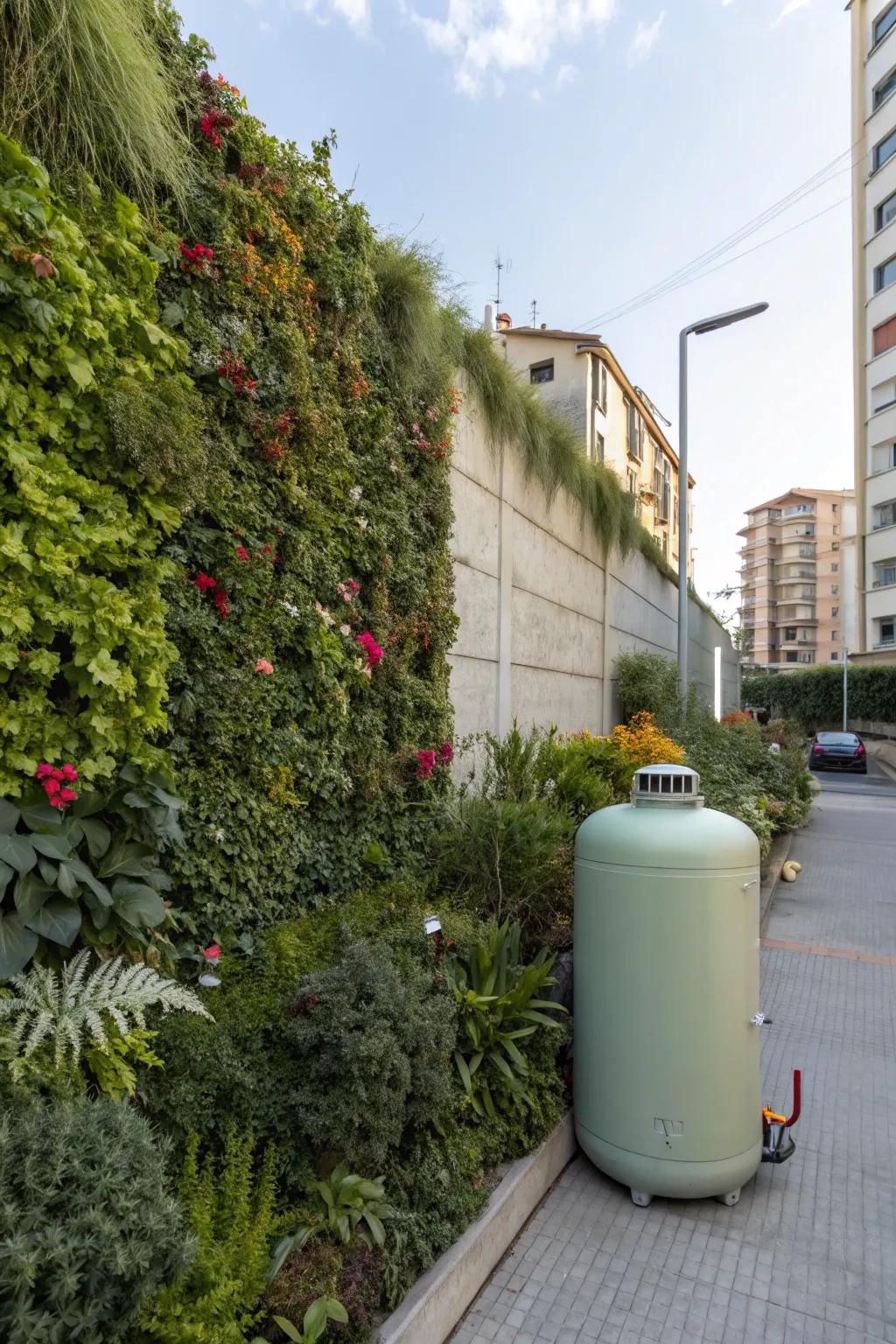 A vertical garden wall provides a lush, green screen for a propane tank.