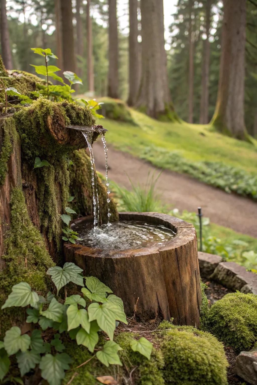 A tranquil water feature emerging from a tree stump.