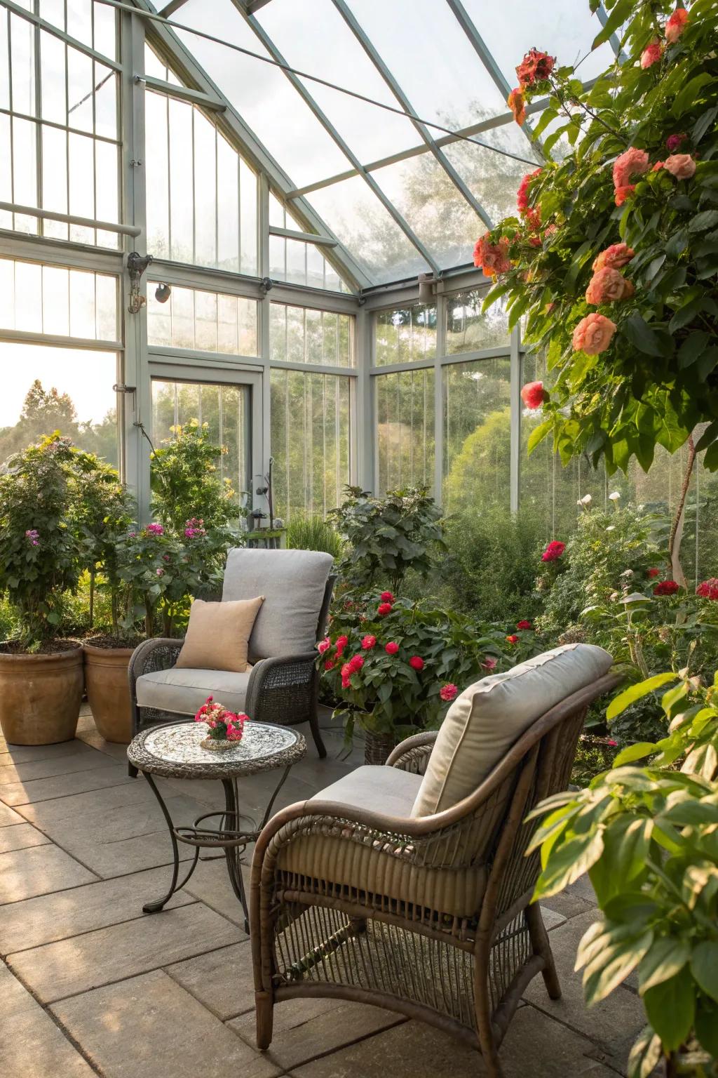 A lush greenhouse patio filled with thriving plants.