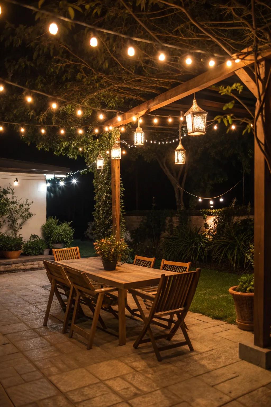 Cozy patio illuminated by ambient string lights
