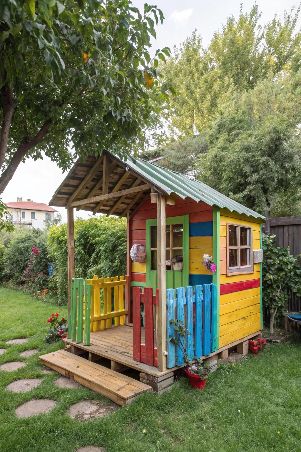 A pallet playhouse offers a whimsical retreat for kids.
