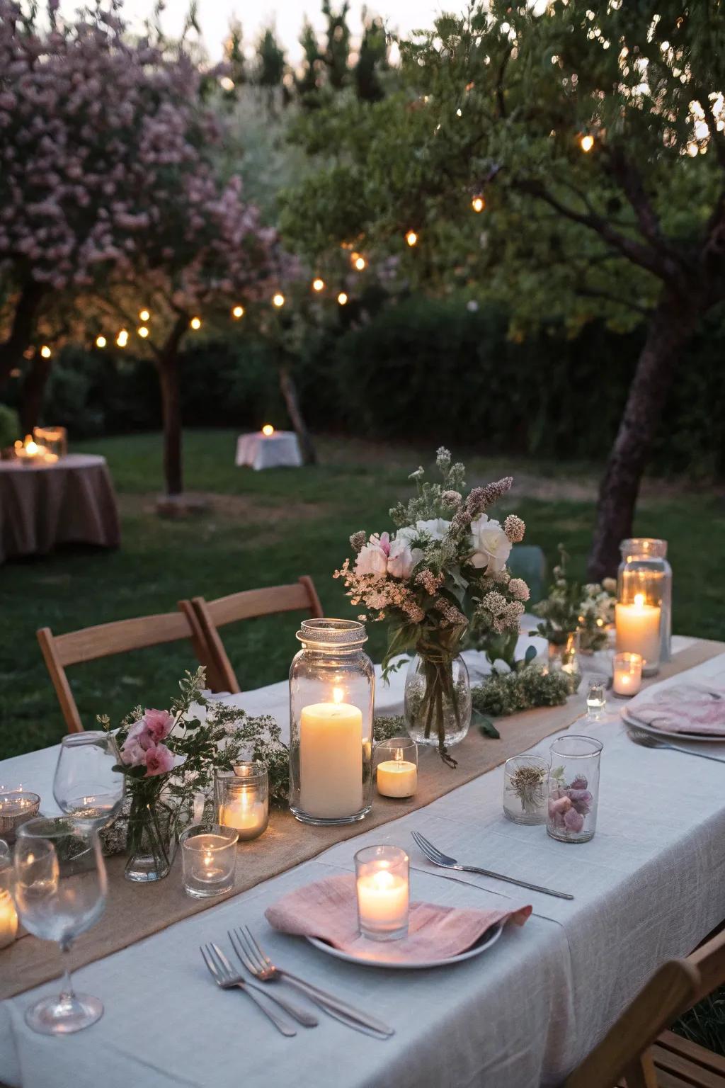 Candles in jars bring warmth to outdoor dining.