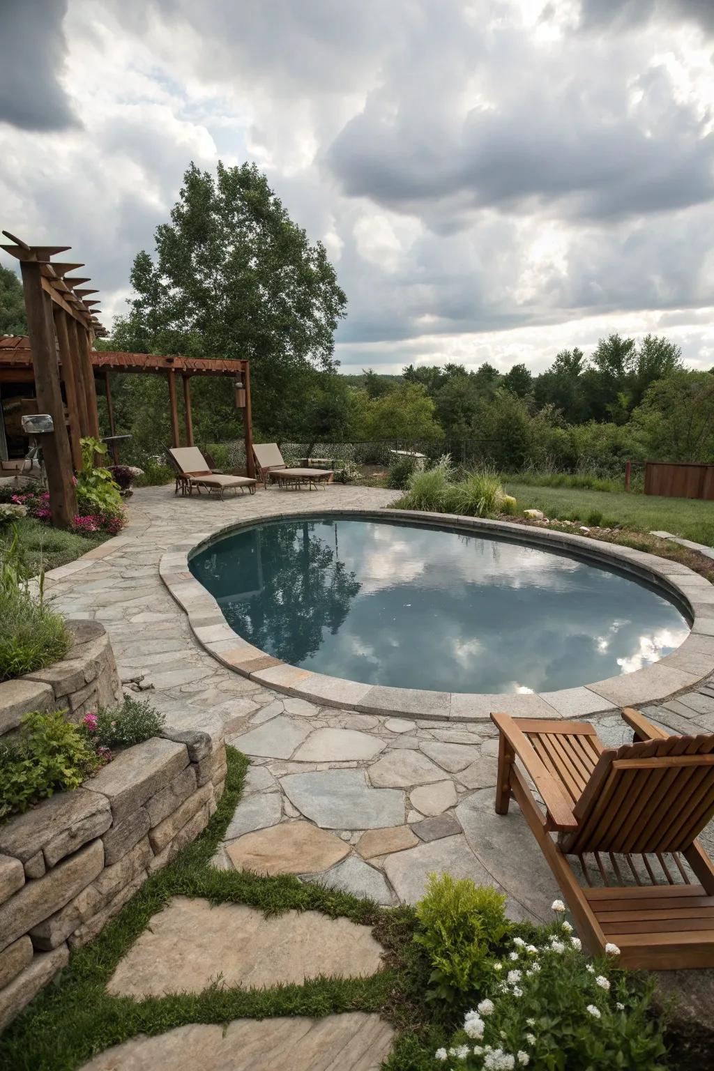 Rustic materials create a timeless look for this pool.