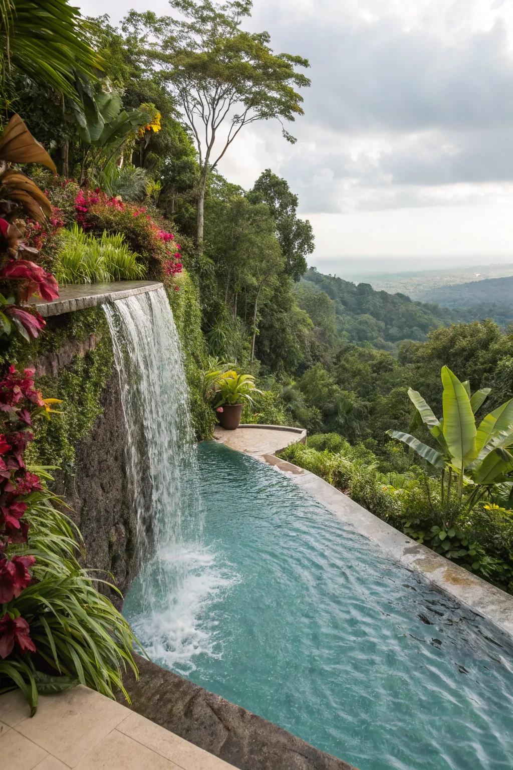 Cascading waterfalls enhance the tranquility of an infinity pool.