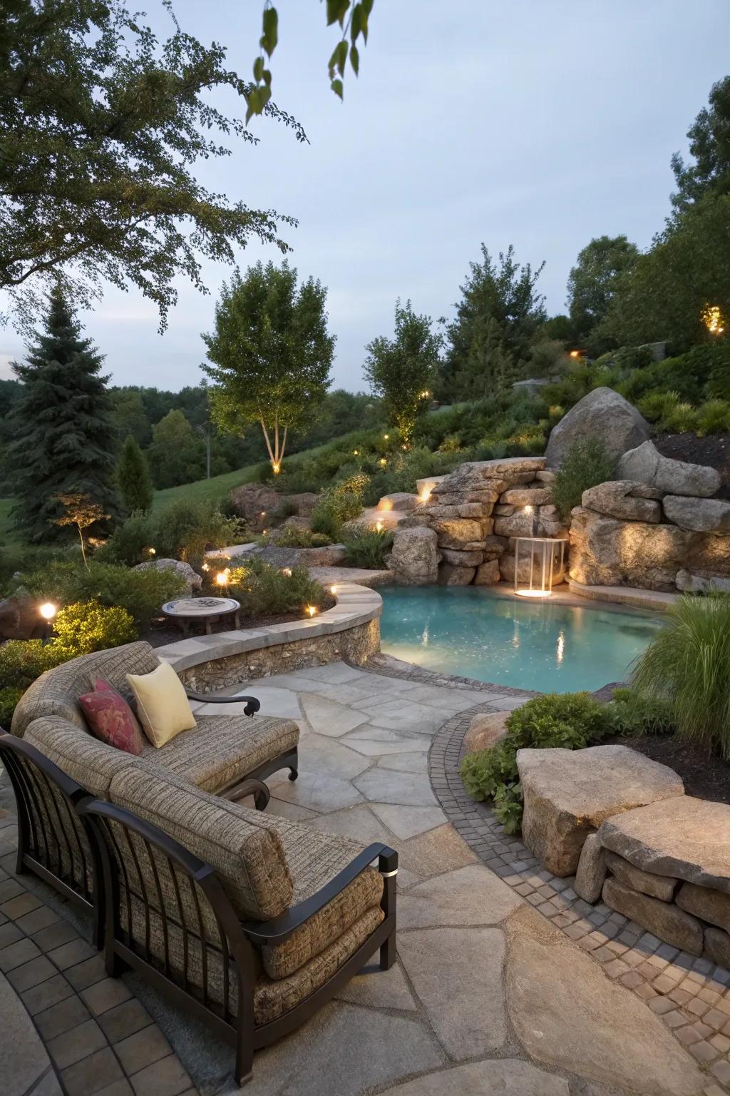 Natural stone seating areas offer comfort and style.