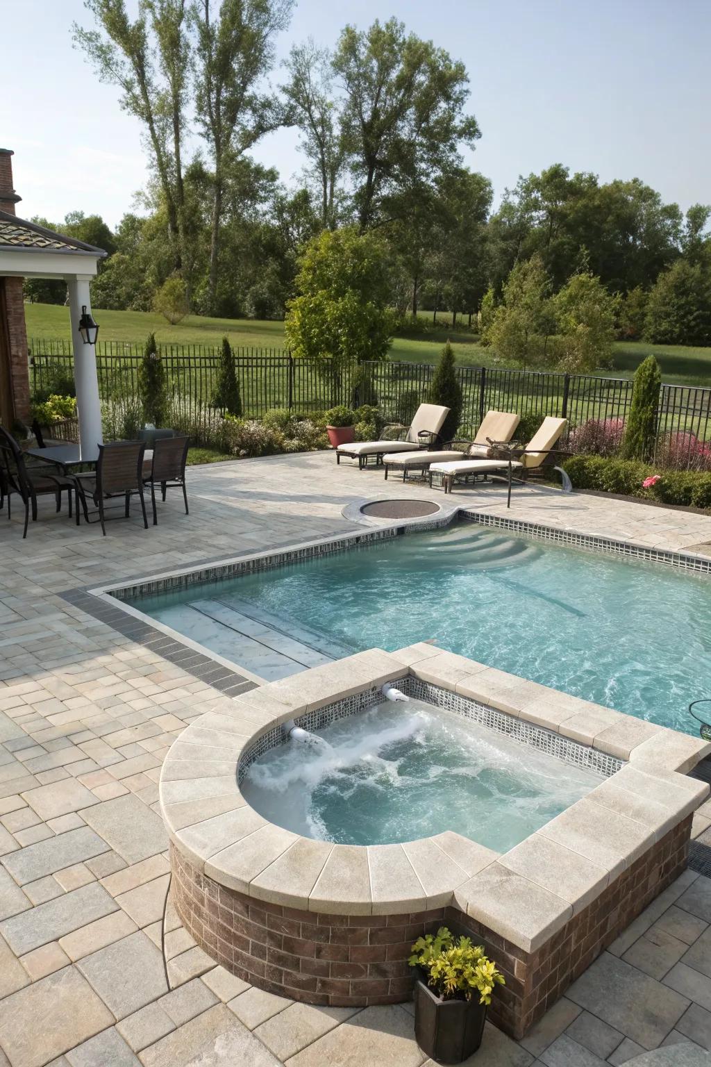 An inground pool with an integrated hot tub, perfect for relaxing in style.