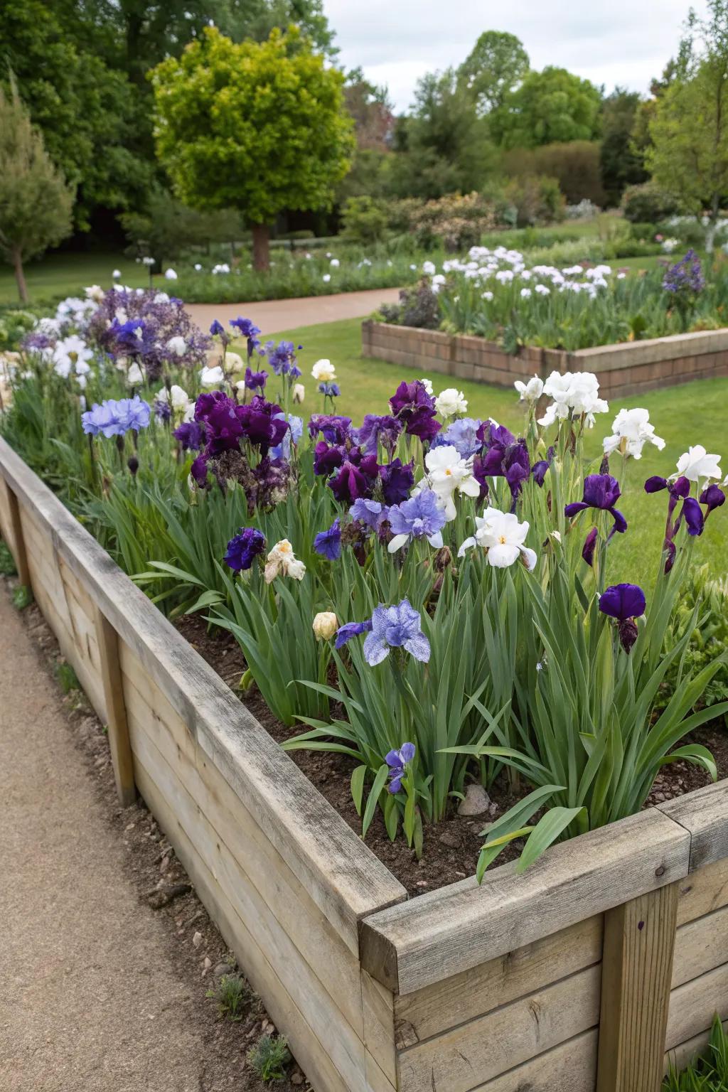 Neat and organized raised beds brimming with irises.