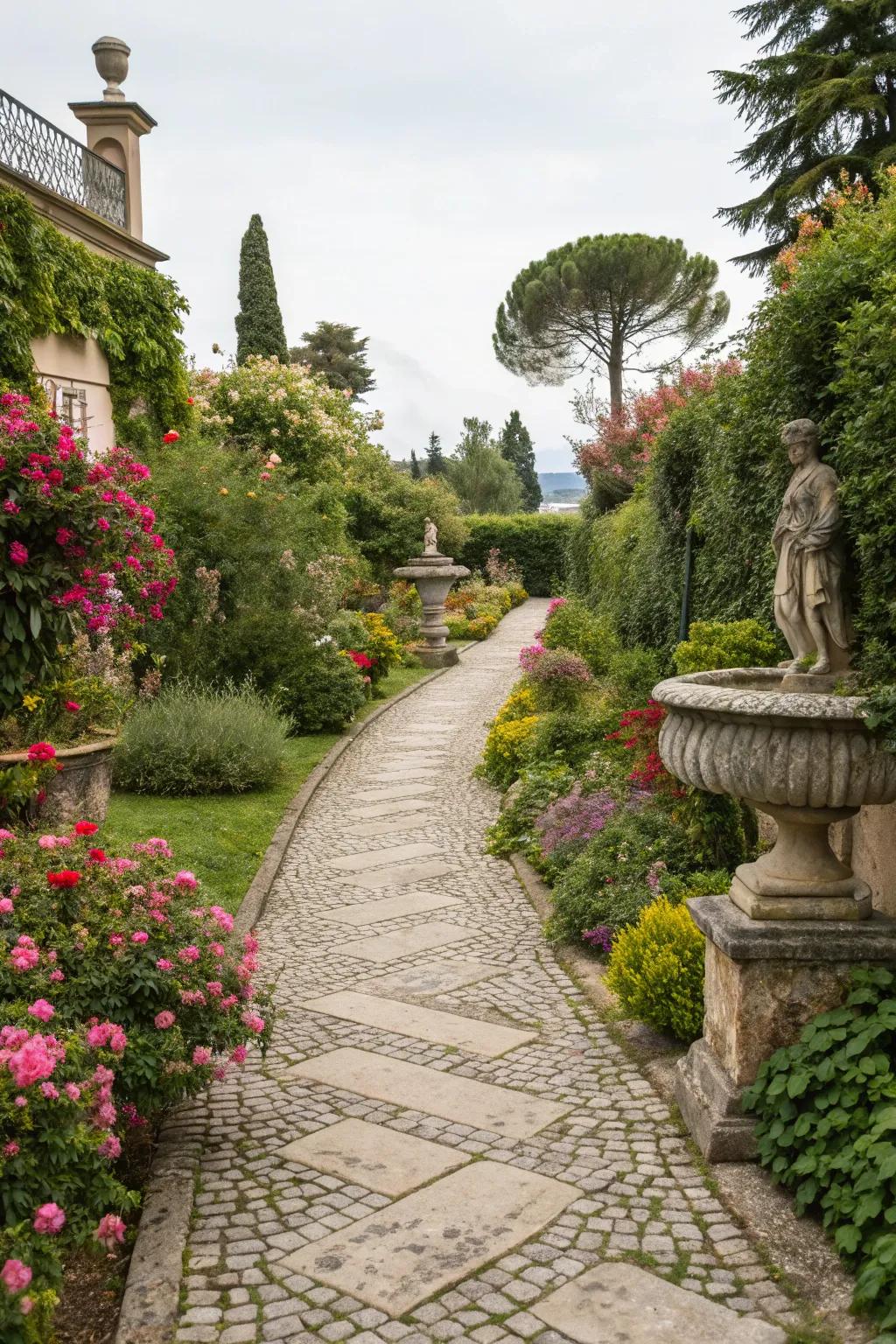 Cobblestone pathways add rustic charm and guide visitors through the garden.