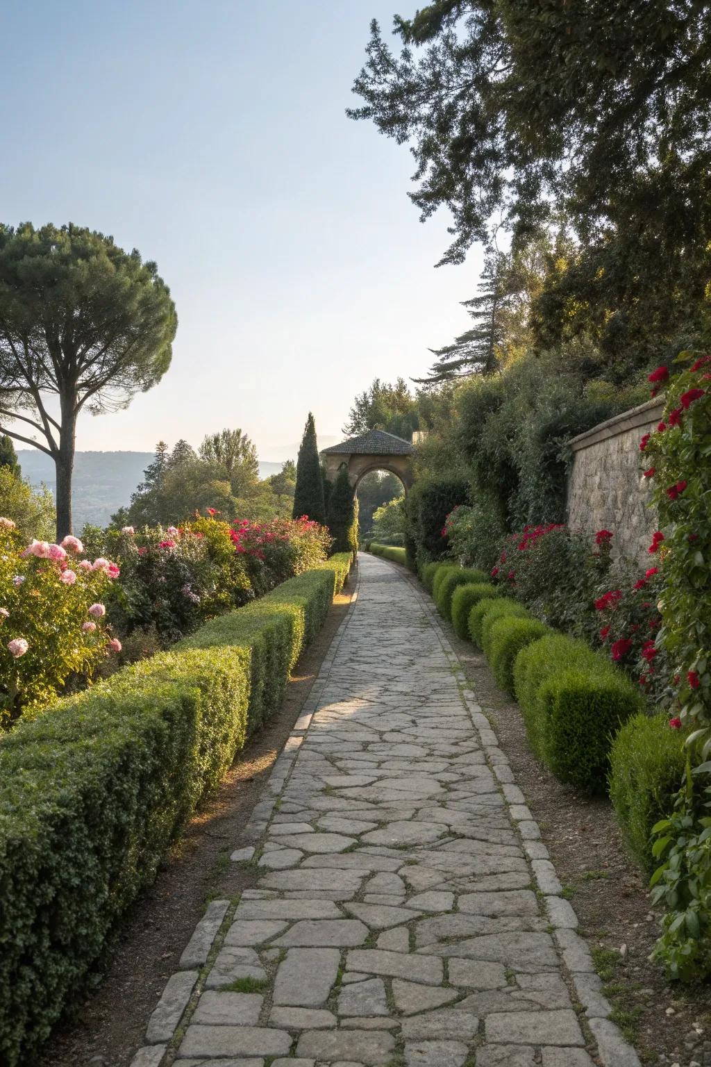 A charming stone pathway winding through lush greenery.