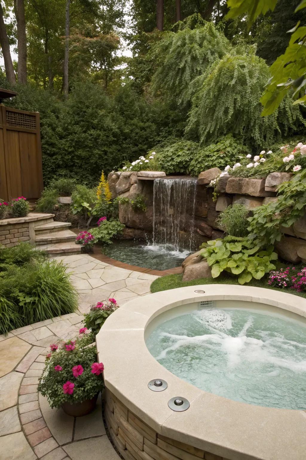 A serene jacuzzi complemented by a cascading waterfall
