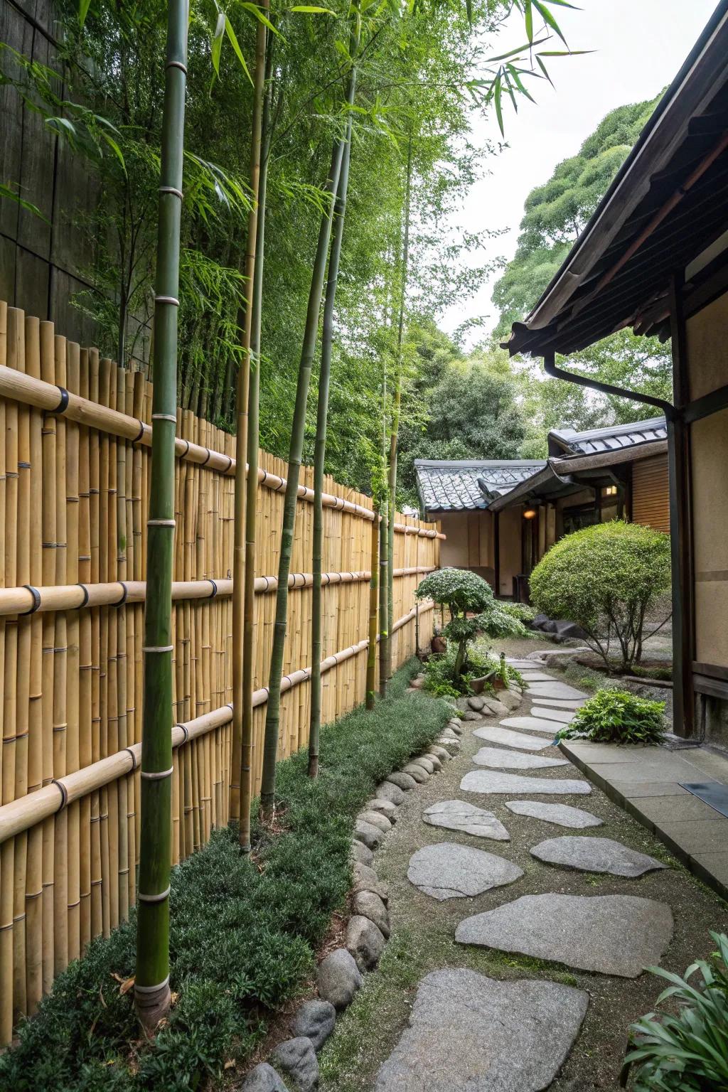 Bamboo elements in a Japanese backyard providing privacy and natural beauty.
