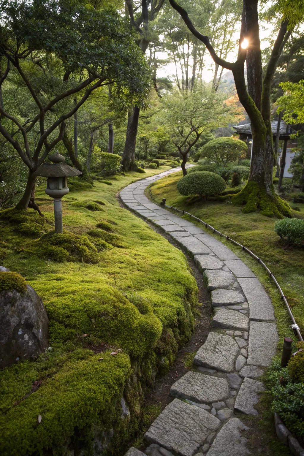 Japanese garden path with lush moss-covered borders, creating a gentle transition.