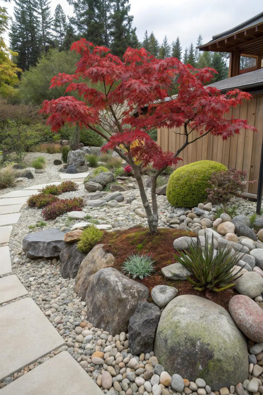 Japanese maples bring harmony to rock gardens.