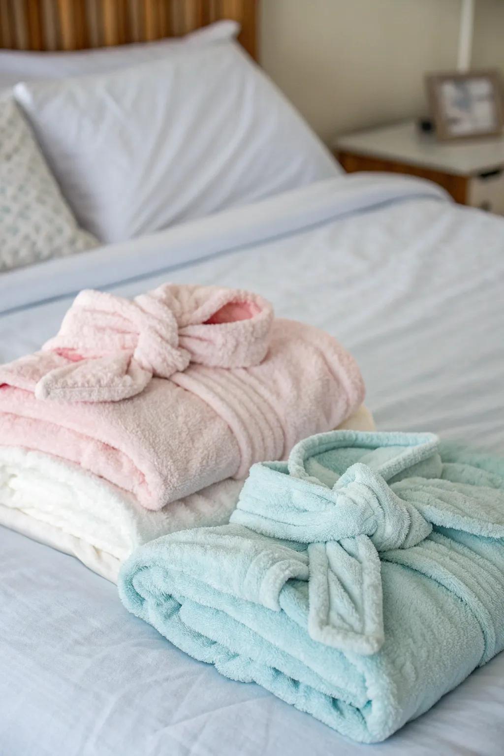 Cozy robes and headbands ready for a spa experience.