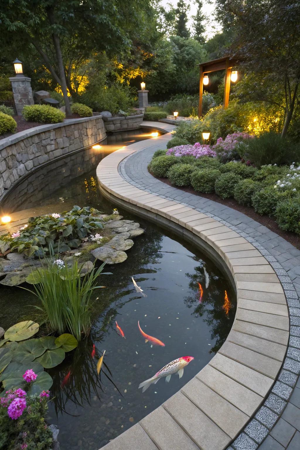 Smooth, organic curves giving a natural feel to a koi pond.