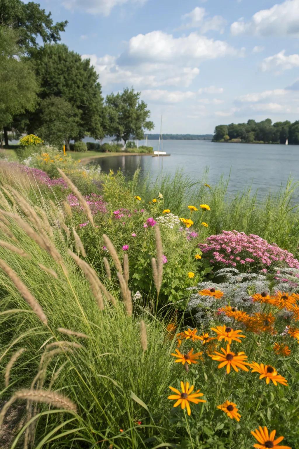 A vibrant mix of greenery and wildflowers by the lake.